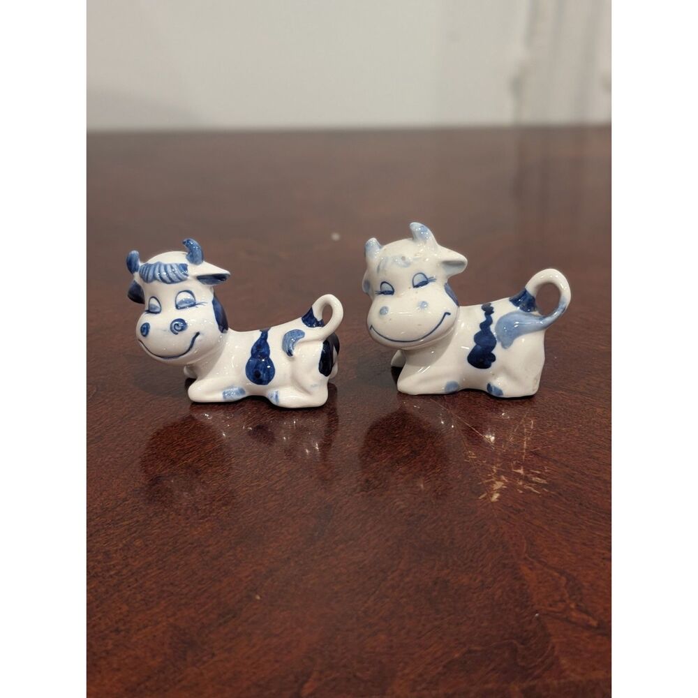 Hand-Painted Blue & White Ceramic Cow Figurines — Set of 2